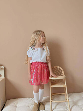 KIZ ÇOCUK KISA KOL GÖMLEKLİ PULLU ETEKLİ BAYRAMLIK TAKIM