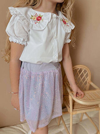 KIZ ÇOCUK KISA KOL GÖMLEKLİ PULLU ETEKLİ BAYRAMLIK TAKIM