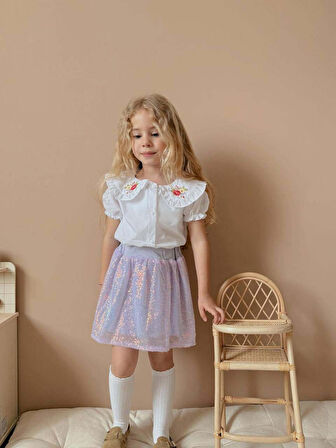 KIZ ÇOCUK KISA KOL GÖMLEKLİ PULLU ETEKLİ BAYRAMLIK TAKIM