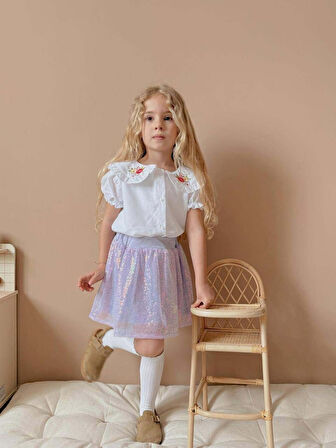 KIZ ÇOCUK KISA KOL GÖMLEKLİ PULLU ETEKLİ BAYRAMLIK TAKIM