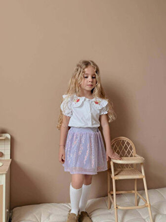 KIZ ÇOCUK KISA KOL GÖMLEKLİ PULLU ETEKLİ BAYRAMLIK TAKIM