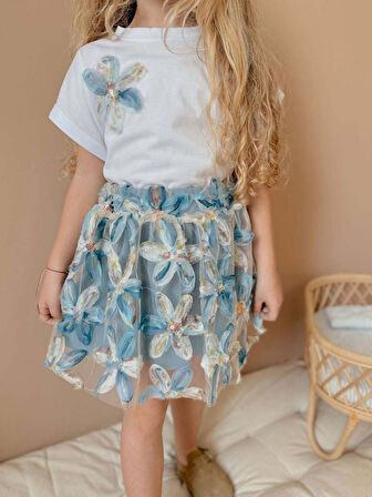 KIZ ÇOCUK KISA KOL ÇİÇEK DESENLİ BAYRAMLIK TAKIM