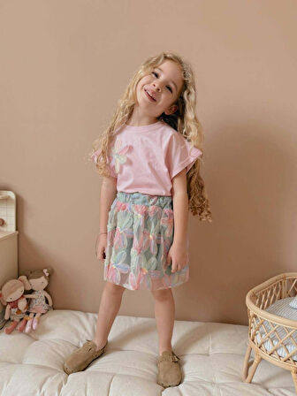 KIZ ÇOCUK KISA KOL ÇİÇEK DESENLİ BAYRAMLIK TAKIM