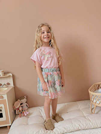 KIZ ÇOCUK KISA KOL ÇİÇEK DESENLİ BAYRAMLIK TAKIM