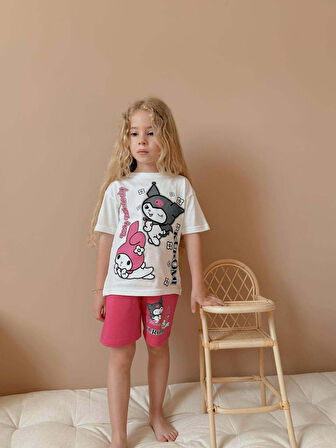 KIZ ÇOCUK KUROMİ DESENLİ PAMUK ŞORTLU TAKIM