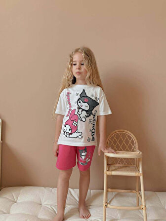 KIZ ÇOCUK KUROMİ DESENLİ PAMUK ŞORTLU TAKIM
