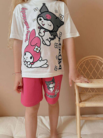 KIZ ÇOCUK KUROMİ DESENLİ PAMUK ŞORTLU TAKIM