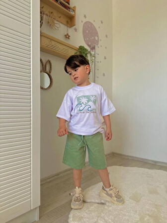 ERKEK ÇOCUK KETEN ŞORTLU CEP MODELLİ DESENLİ PAMUK ŞORTLU TAKIM