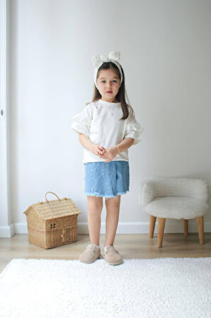 KIZ ÇOCUK TAŞLI TİŞÖRTLÜ KOT ŞORT ETEKLİ TAKIM