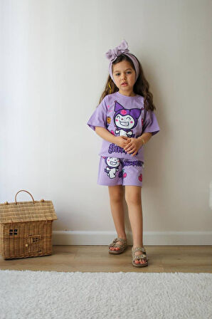 KIZ ÇOCUK KUROMİ MODELLİ BİSİKLET YAKA PAMUK ŞORTLU TAKIM