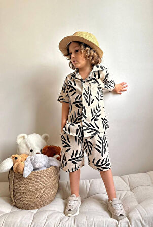 ERKEK ÇOCUK PALMİYE DESENLİ CEP DETAYLI KETEN PAMUK ŞORTLU TAKIM