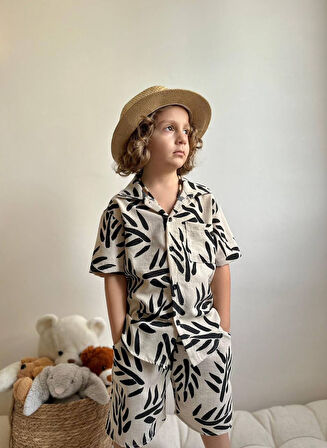 ERKEK ÇOCUK PALMİYE DESENLİ CEP DETAYLI KETEN PAMUK ŞORTLU TAKIM