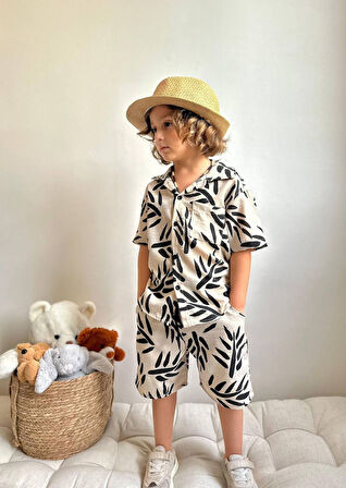 ERKEK ÇOCUK PALMİYE DESENLİ CEP DETAYLI KETEN PAMUK ŞORTLU TAKIM