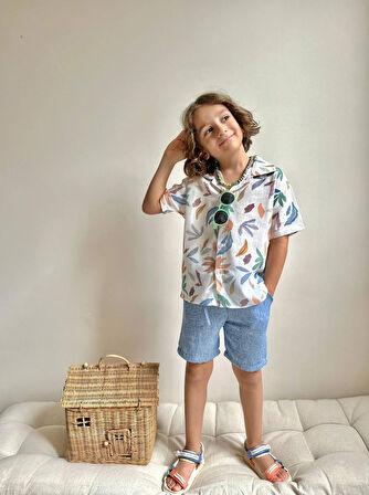 ERKEK ÇOCUK YAPRAK DESENLİ MUSLİN ŞORTLU GÖMLEKLİ PAMUK TAKIM