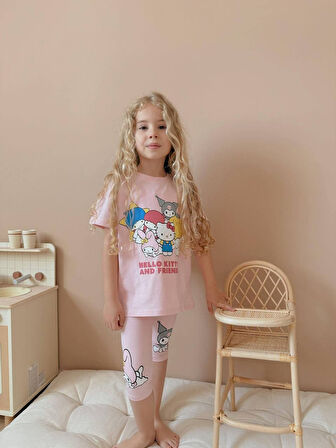 KIZ ÇOCUK KISA TAYTLI HELLO KİTTY KUROMİ BASKLI PAMUK TAKIM
