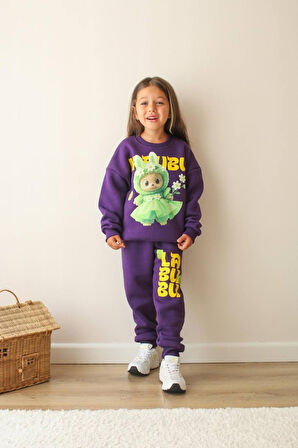 KIZ ÇOCUK LABUBU MODELLİ 3 İPLİK ŞARDONLU EŞOFMAN TAKIMI