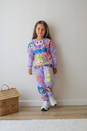 KIZ ÇOCUK LABUBU MODELLİ 3 İPLİK ŞARDONLU EŞOFMAN TAKIMI