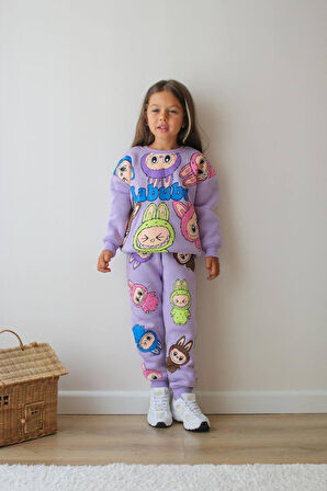 KIZ ÇOCUK LABUBU MODELLİ 3 İPLİK ŞARDONLU EŞOFMAN TAKIMI