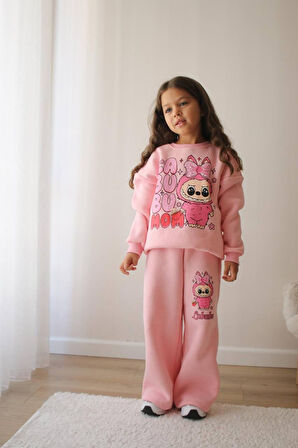 KIZ ÇOCUK LABUBU MODELLİ 3 İPLİK ŞARDONLU EŞOFMAN TAKIMI