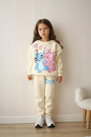 KIZ ÇOCUK STİTCH MODELLİ 3 İPLİK ŞARDONLU EŞOFMAN TAKIMI