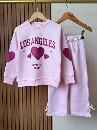 KIZ ÇOCUK KALP DESENLİ GENİŞ PAÇA EŞOFMAN TAKIMI