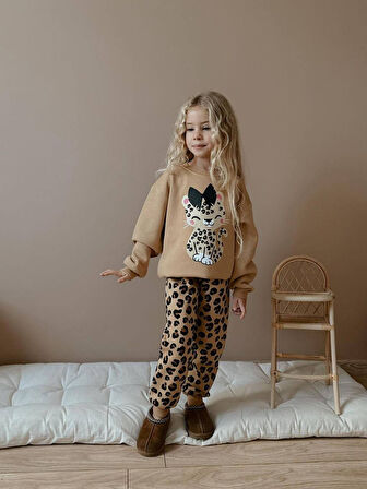 KIZ ÇOCUK KEDİ DESENLİ LEOPAR MODELLİ 3 İPLİK TAKIM