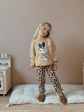 KIZ ÇOCUK KEDİ DESENLİ LEOPAR MODELLİ 3 İPLİK TAKIM