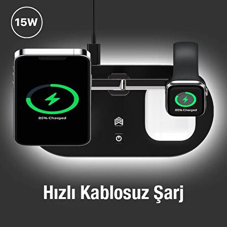 Coofbe 15W 4in1 Gece Lambalı Magsafe Kablosuz Şarj Standı, İphone, Apple Watch Uyumlu ve Airpods Pro/2 Şarj 