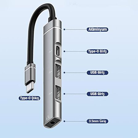 Coofbe 4in1 Type C Çoğaltıcı Çevirici HUB, 2x USB, 1x Type C ve 1x 3.5MM Girişli Adaptör