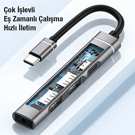 Coofbe 4in1 Type C Çoğaltıcı Çevirici HUB, 2x USB, 1x Type C ve 1x 3.5MM Girişli Adaptör