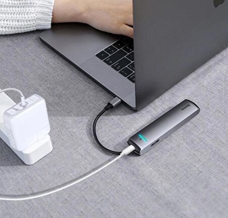 Baseus Led Işıklı 87W 4K 5 gbps 6İN1 Type C Hub HDMI 3x USB 3.0 RJ45 Type C Dönüştürücü Çoğaltıcı Hub
