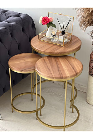 Aybars Gold Metal Eskitme Ceviz Zigon Sehpa