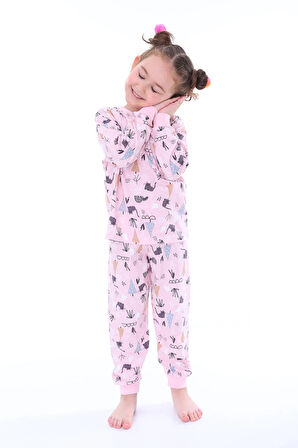 Cute Cat Desenli Pembe Kız Çocuk Pijama Takımı