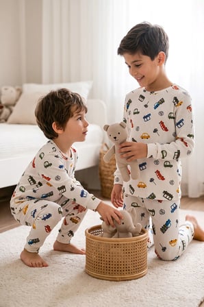 Renklı Mini Arabalar Desenli Erkek Çocuk Fitilli Pijama Takımı