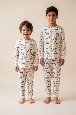 Araba Desenli %100 Pamuk Süprem Kumaş Erkek Bebek - Çocuk Pijama Takımı 