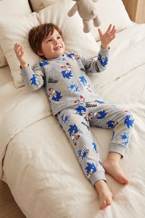 The Hedgehog Super Sonic Desenli %100 Pamuk Gri Renk Erkek Çocuk Pijama Takımı
