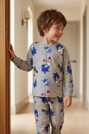 The Hedgehog Super Sonic Desenli %100 Pamuk Gri Renk Erkek Çocuk Pijama Takımı
