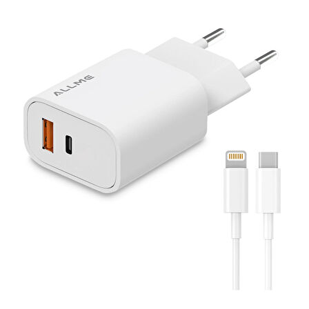 20W PD 18W QC Adaptör Ve Type-C – Lightning Kablolu Şarj Seti Beyaz   