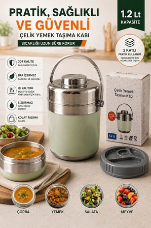 1.2 Lt 2'li Paslanmaz Çelik Sızdırmaz Termos Yemek Taşıma Kabı / Sefer Tası Beslenme Kutusu