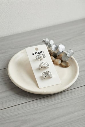 Gümüş Renk Pirinç 3'lü Vintage Kadın Yüzük Kombini BYK4287