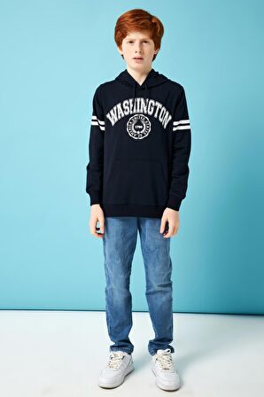 Washington Baskılı Kapüşonlu Erkek Çocuk Sweatshirt Lacivert