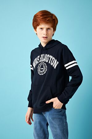 Washington Baskılı Kapüşonlu Erkek Çocuk Sweatshirt Lacivert