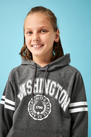 Washington Baskılı Kapüşonlu Erkek Çocuk Sweatshirt Antrasit