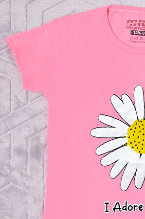 KIZ ÇOCUK TSHİRT PAPATYA BASKILI BİSİKLET YAKA D26