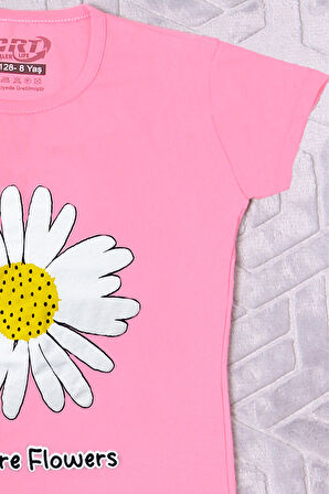 KIZ ÇOCUK TSHİRT PAPATYA BASKILI BİSİKLET YAKA D26