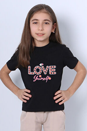 KIZ ÇOCUK TSHİRT LOVE BASKILI BİSİKLET YAKA E26