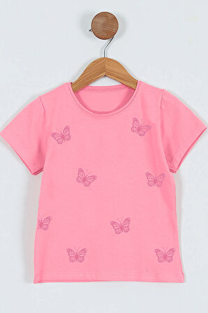 KIZ ÇOCUK TSHİRT KELEBEK BASKILI BİSİKLET YAKA D31