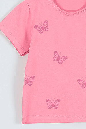 KIZ ÇOCUK TSHİRT KELEBEK BASKILI BİSİKLET YAKA D31