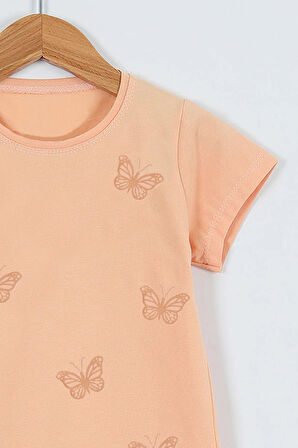 KIZ ÇOCUK TSHİRT KELEBEK BASKILI BİSİKLET YAKA D31