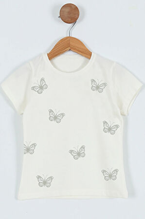 KIZ ÇOCUK TSHİRT KELEBEK BASKILI BİSİKLET YAKA D31